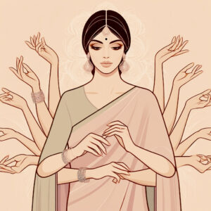 a sophisticated indian woman image with 8 hands depicting like woman performing many things...light (1) edited