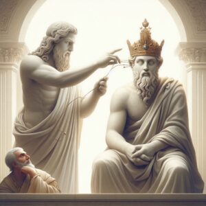 a symbolic illustration of one marble statue in a court scene a saint is demonstrating with the wi